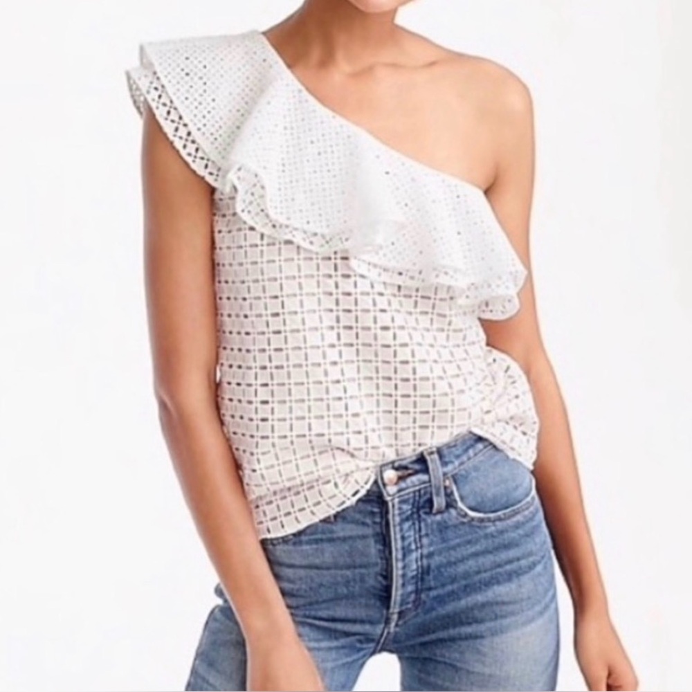 J. Crew Women’s Ruffle One Shoulder Eyelet Lace Top White 4